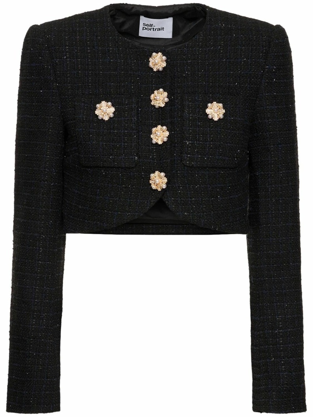 Self-Portrait Black Cropped Tweed Blazer with Gold Floral Buttons